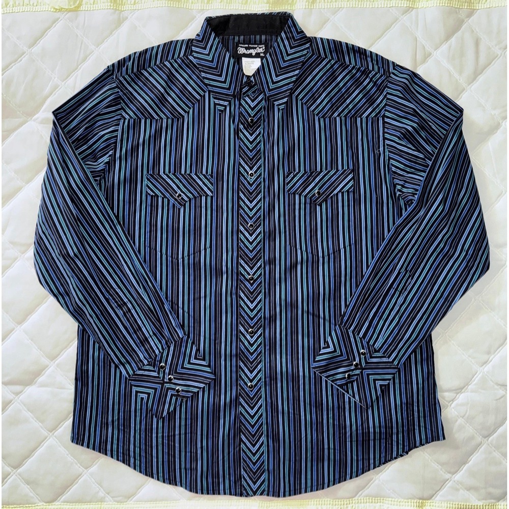 Wrangler Mens Pearl Snap Shirt Blue Striped Long Sleeve Cotton Blend Size XL